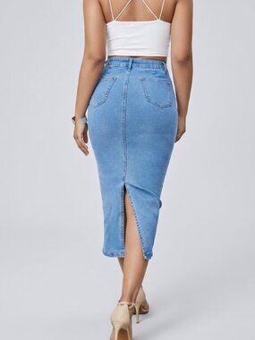 Women High Waist Stretch Denim Midi Skirt Back Slit Bodycon Jean Skirt